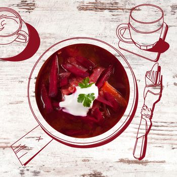 Delicious borsch soup. Fine dining, exquisite luxurious gastronomy background. 