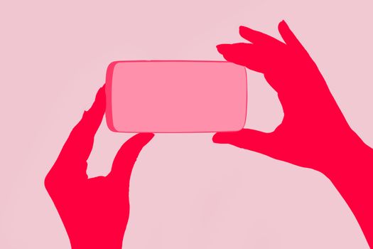 Smartphone. Female hand holding smartphone in hand. Illustration in pink. Woman and technology, feminine technology.