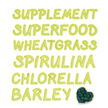 Green spring detox background. Spirulina, chlorella, barley and superfood written in green ground powder letters. Dietary supplement. Spring detox and healthy living.
