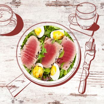 Delicious tuna steak with salad. Fine dining, exquisite luxurious gastronomy background. 
