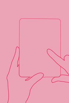 Female hand touching a tablet. Reading, education and learning concept. Illustration.