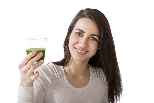 Detox. Beautiful girl with green drink isolated on white background. Spirulina, chlorella and wheatgrass. Healthy lifestyle, detox.