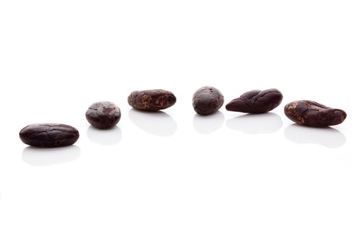 Cocoa beans isolated on white background. Healthy superfood.
