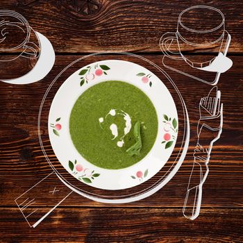 Delicious spinach soup. Fine dining, exquisite luxurious gastronomy background. 