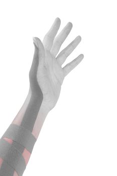 Kinesio tape on female hand isolated on white background. Chronic pain, alternative medicine. Rehabilitation and physiotherapy.