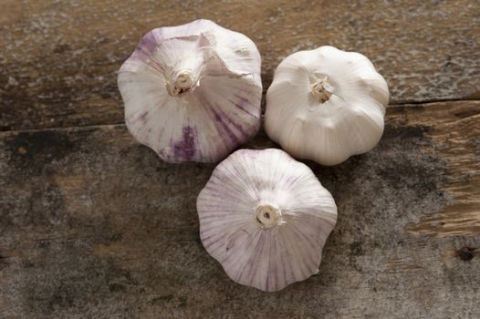 Three fresh garlic bulbs for cookery on a rustic wooden table viewed from overhead with copy space