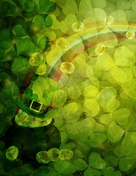 St Patricks Day Shamrock Leaves Border and Background with Pot of Gold Coins Leprechaun Hat Rainbow Illustration