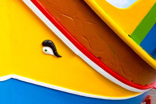 Abstract close up view of the vibrant colours and design usually used on the traditional Maltese fishing boat, the "Dghajsa" or "Luzzu".