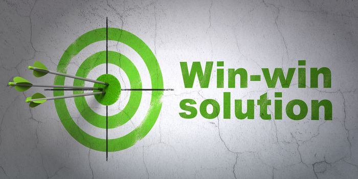 Success business concept: arrows hitting the center of target, Green Win-win Solution on wall background