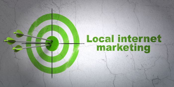 Success marketing concept: arrows hitting the center of target, Green Local Internet Marketing on wall background