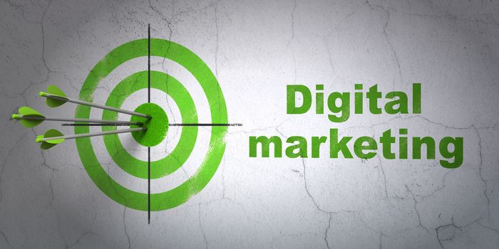 Success advertising concept: arrows hitting the center of target, Green Digital Marketing on wall background