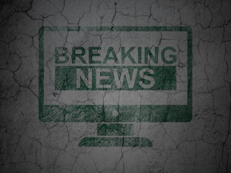 News concept: Green Breaking News On Screen on grunge textured concrete wall background