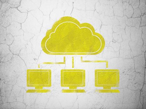 Cloud computing concept: Yellow Cloud Network on textured concrete wall background