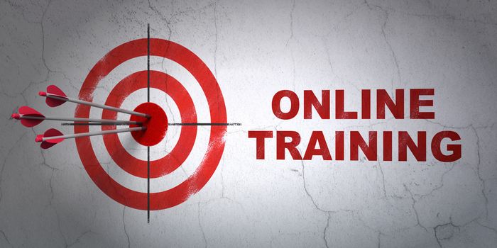 Success Studying concept: arrows hitting the center of target, Red Online Training on wall background