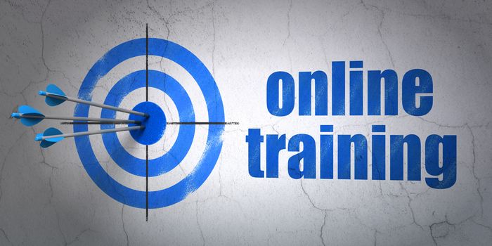 Success Studying concept: arrows hitting the center of target, Blue Online Training on wall background