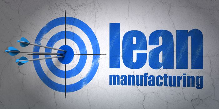 Success Industry concept: arrows hitting the center of target, Blue Lean Manufacturing on wall background