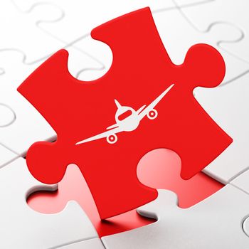 Vacation concept: Aircraft on Red puzzle pieces background, 3d render