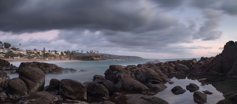 Rain clouds over Crescent Bay in the fall in Laguna Beach, California, United States