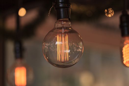 Ornamental light bulb lit up and hanging from the ceiling with a modern kitchen in the background, representing a rustic concept of success.