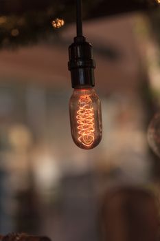 Ornamental light bulb lit up and hanging from the ceiling with a modern kitchen in the background, representing a rustic concept of success.