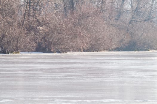 river, winter, snow on a foggy day