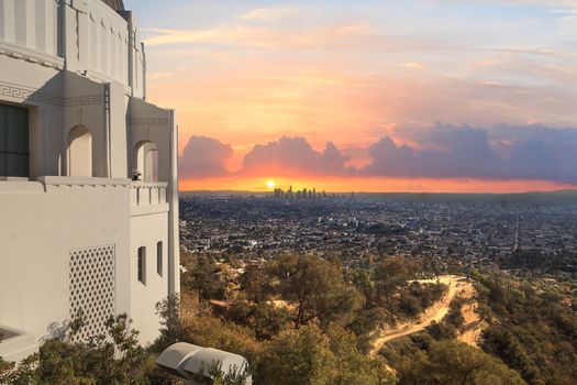 Los Angeles, California, January 1, 2016: Los Angeles skyline at sunset from the Griffith Observatory in Southern California, United States. Editorial use