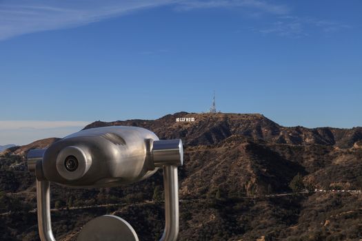 Los Angeles, California, January 1, 2016: Hollywood sign from a viewer, located in Mount Lee, stretches 45 feet tall and 350 feet long. Editorial use only.