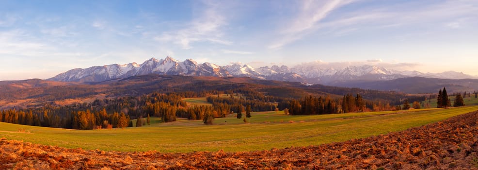 Panorama of snowy Tatra mountains in spring, south Poland. Malopolska