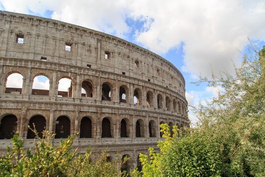 View of amphitheatre of Colosseum built by Vespasian and Titus in Rome, inside trees, on cloudy blue sky background.