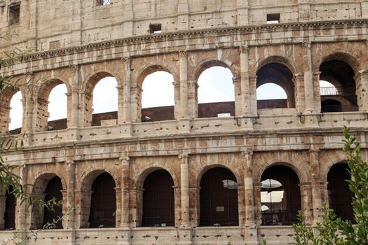 View of amphitheatre of Colosseum built by Vespasian and Titus in Rome, inside trees.