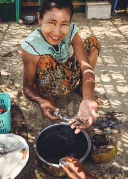 A woman is cleaning and preparing fresh caught squid for a meal.