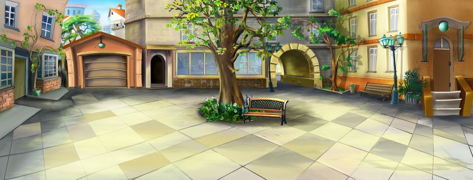 Digital painting of the Courtyard in a morning. Panorama. Long shot