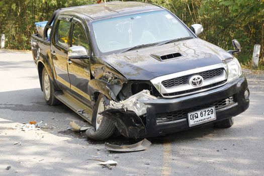 pickup accident on road,car accident in national park ,Thailand on 1 January 2015