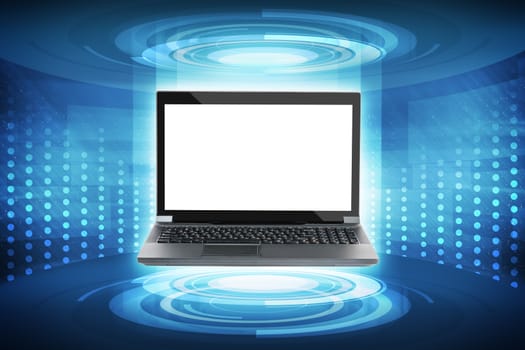 Laptop with blank screen on abstract blue background