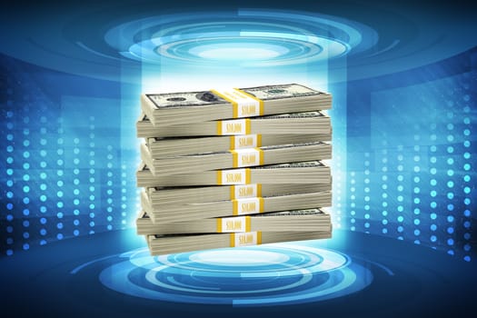 Stack of money on abstract blue background, money concept