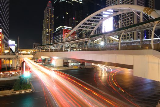 BANGKOK, THAILAND -JUNE 8, 2015 : Night light at Chong Nonsi skywalk for transit between sky train on JUNE 8, 2015 in Bangkok , Thailand.