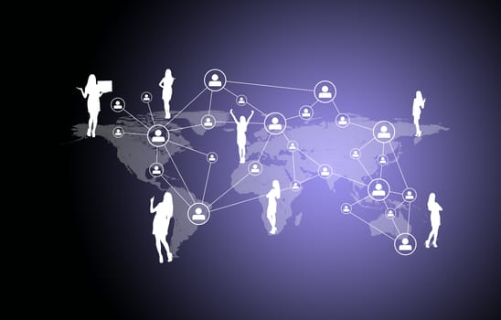 World map with people icons and people silhouette, connection concept