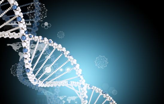 DNA molecule with world map on abstract blue background, medicine concept