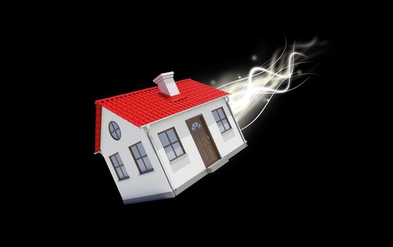 Flying house with energy light on black background