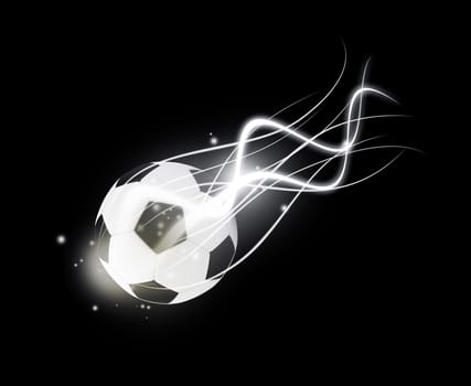 Flying football with energy light on black background