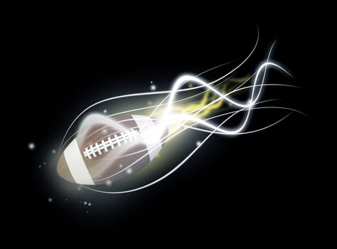 Flying rugby ball with energy light on black background