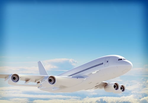 Passenger jet plane flies above the clouds in blue sky