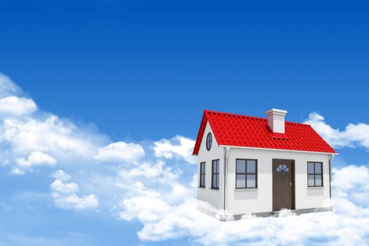 House on clouds in blue sky, real estate concept