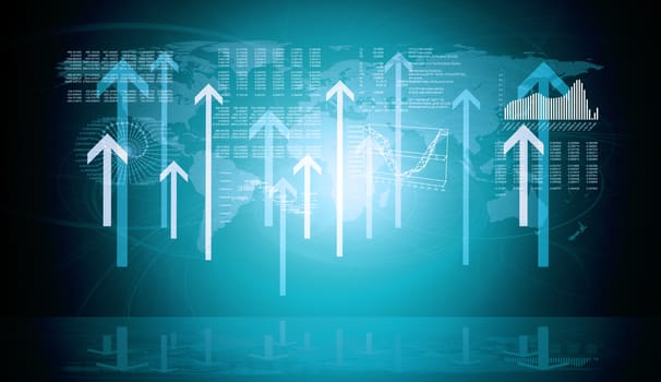 World map with graphs and arrows on blue background