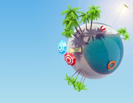 Earth globe with palm trees and pool, vacation concept