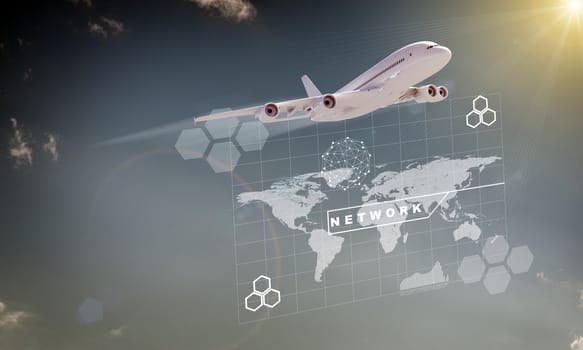 World map with jet and graphs, technology concept