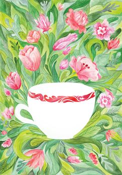 Creative botanical painting with red flowers, green leaves and white cup 