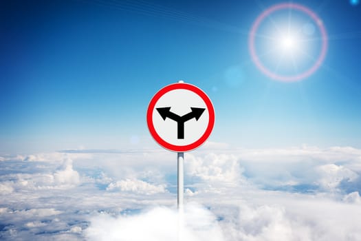 Road sign on clouds in blue sky, rule concept