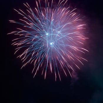 Blue fireworks on the black sky background