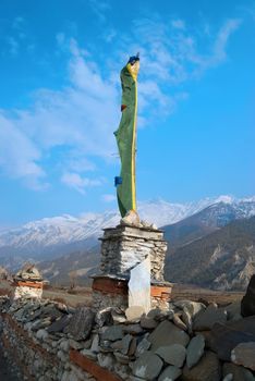 Buddhist praying flags in nepal high mountains